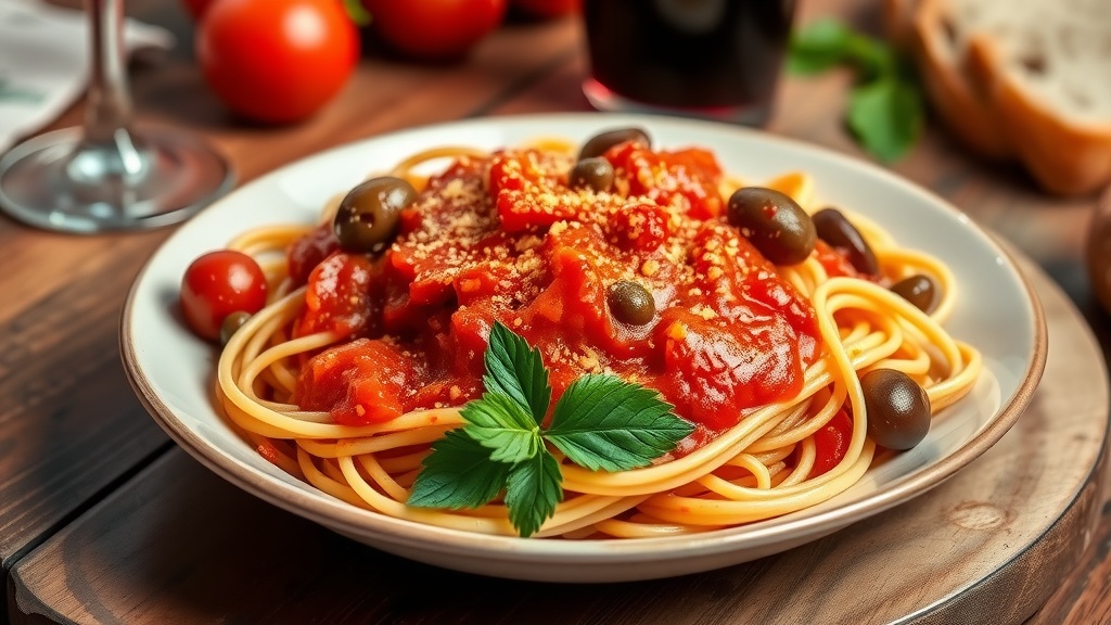 Classic Pasta Putanesca Recipe A plate of Pasta Putanesca with spaghetti in a tomato sauce, garnished with parsley, olives, and capers on a rustic table.